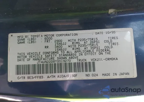 1996 Toyota T100 Xtracab z USA, uszkodzony, nr VIN JT4UN22D8T0019270